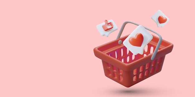 Vector 3d shopping cart filled with likes and positive reviews