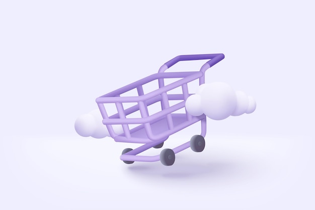 Carrello 3d con nuvola per lo shopping online e il cestino delle idee di marketing digitale ed etichette promozionali su sfondo bianco shopping bag acquistare vendita sconto 3d vettore icona illustrazione