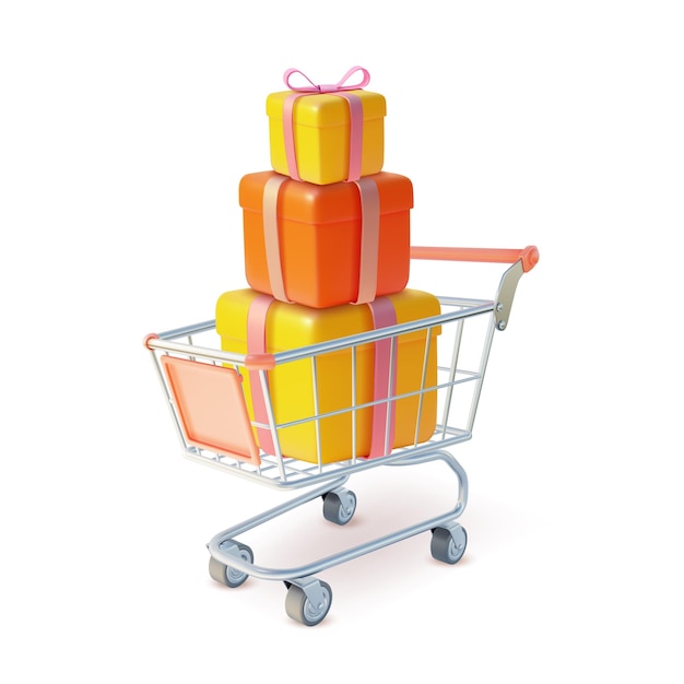 3d Shopping Cart with Heap Present Boxes Plasticine Style Vector