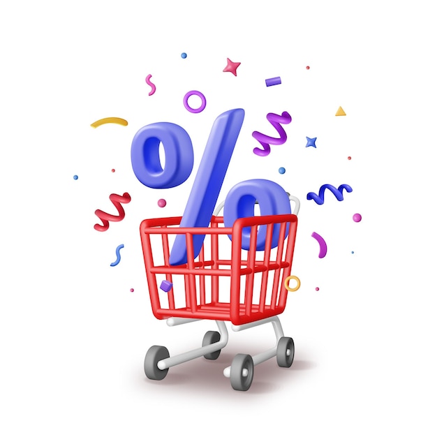 Vector 3d shopping cart with percentage and confetti