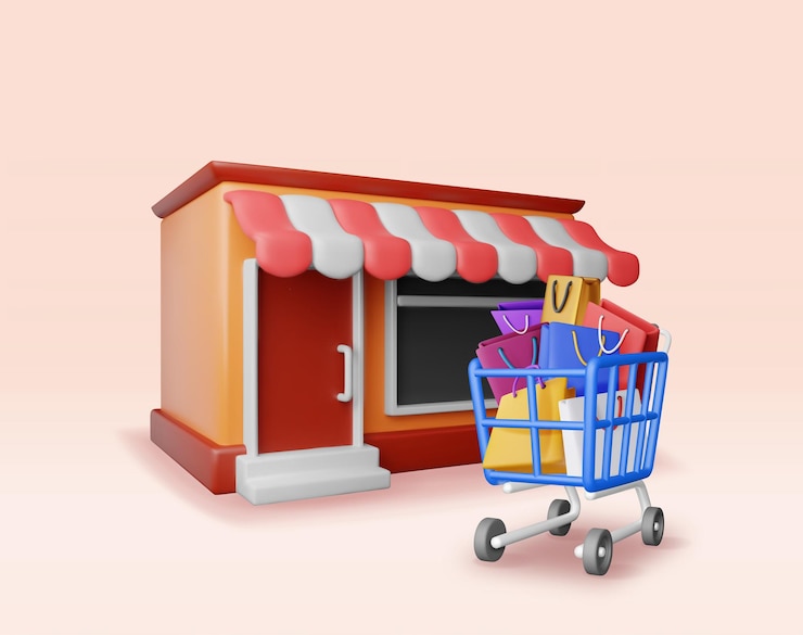Vector 3d shopping or gift bag in cart near supermarket
