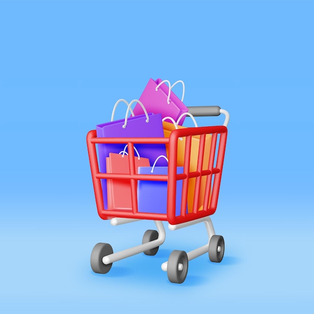 Vector 3d shopping or gift bag in shopping cart