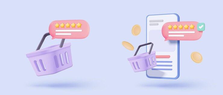 Vector 3d shopping online with mobile phone rating five stars for best excellent rating in mobile phone 5 star for quality customer rating feedback concept mobile phone icon 3d vector render illustration