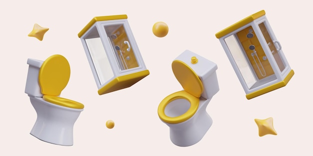 Vettore bagno doccia 3d con bolle di sedile dorate stelle set di illustrazioni vettoriali in stile cartone animato