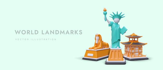 Vector 3d sights of world landmarks interesting for tourists advertising banner of travel agency template with realistic statue of liberty sphinx pagoda horizontal vector concept for web design