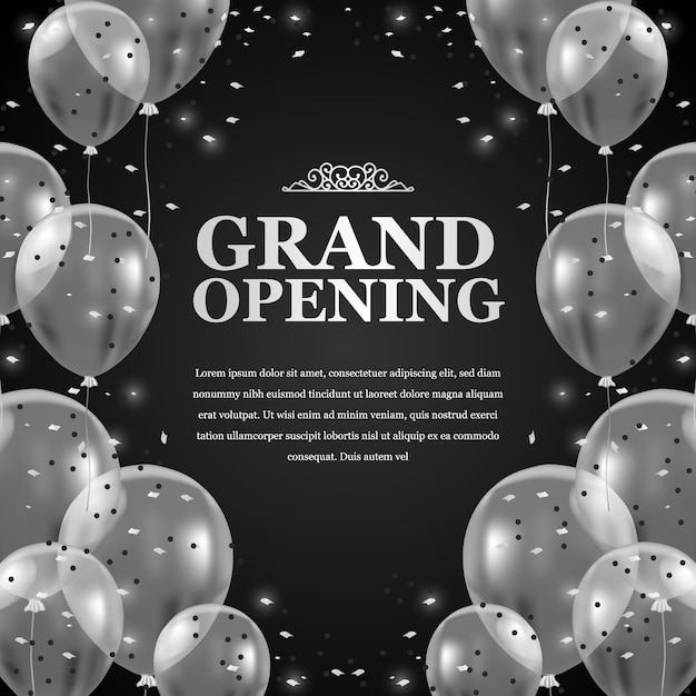 3d silver flying transparent balloons with confetti and black background for grand opening poster announcement