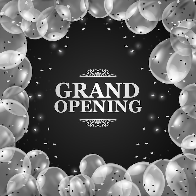 3d silver transparent balloons with confetti frame border and black background for grand opening