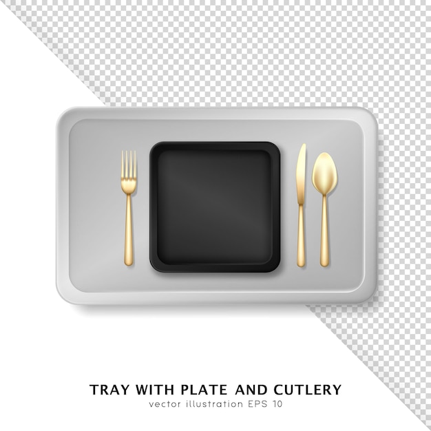 3d silver tray with black rectangle plate and golden cutlery. Realistic template of serving platter