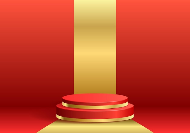 Vector 3d-sjabloon voor zachte rode en gouden cirkel podiumpromotiebanner