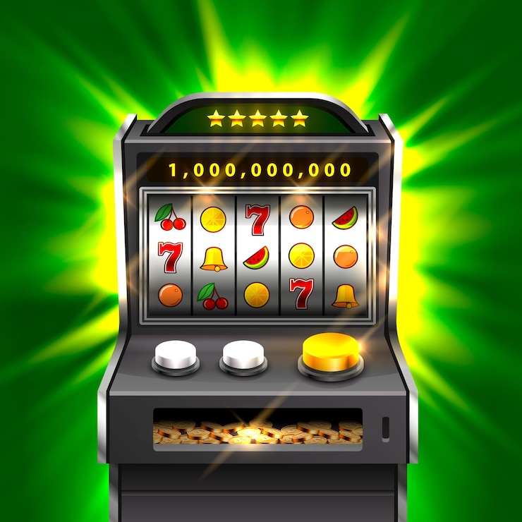 Vector 3d slots machine wins the jackpot, isolated on green background. vector illustration