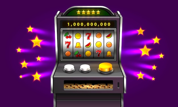 3d slots machine wins the jackpot, isolated on purple star background. vector illustration