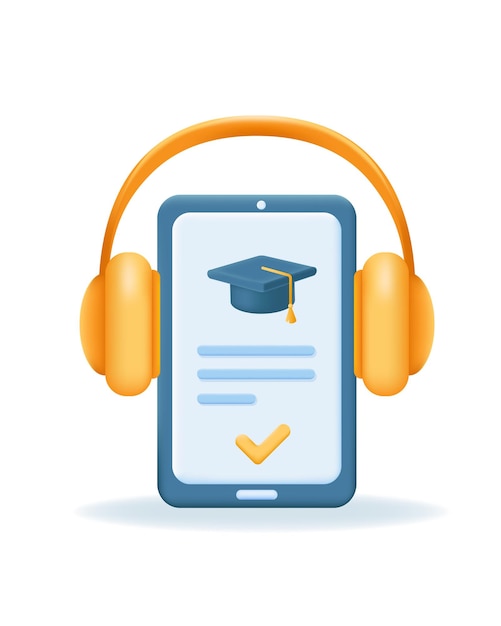 3d smart phone with graduate cap on screen and yellow headphones Online Education elearning concept