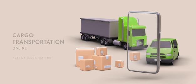 3d smartphone green truck parcels and car Online order of fast goods delivery via mobile phone