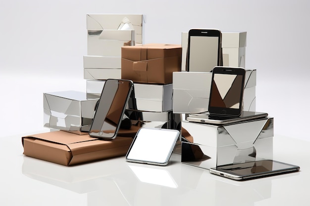 3d-smartphone met wit wit scherm en kartonnen dozen op witte achtergrond e-commerce en shippi