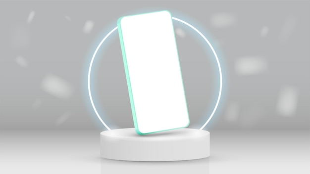 A 3d smartphone on a white podium with a bright neon green round arch a concept with a mobile phone for a website with an app and online shopping