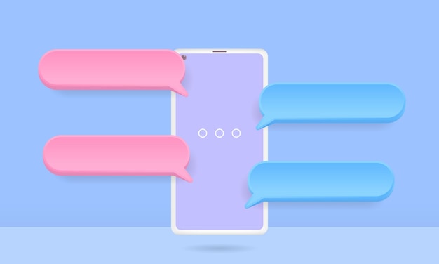 떠 다니는 채팅 거품이있는 3D 스마트 폰, 소셜 미디어 채팅 앱