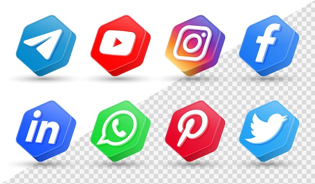 3d social media iconen logo's in moderne veelhoek frame facebook instagram netwerkpictogram