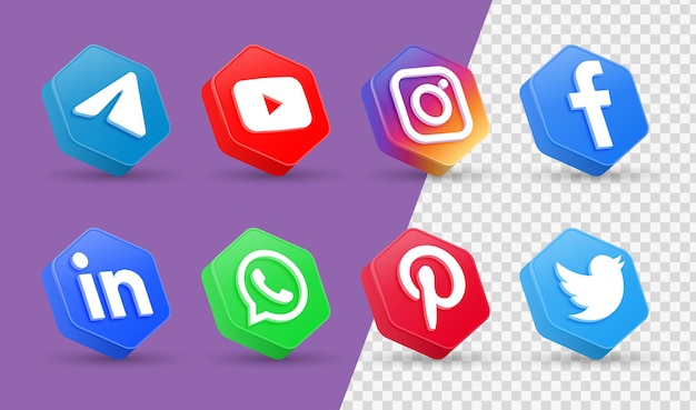 3d social media iconen logo's in moderne veelhoek frame facebook instagram netwerkpictogram