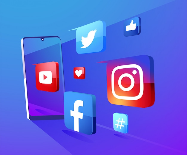 Vector 3d social media icons background with smartphone illustration