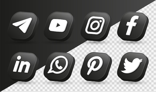 3d social media icons logos in modern black square facebook instagram networking icon