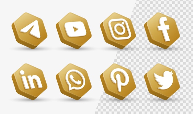 3d social media icons logos in modern golden frame facebook instagram networking logo icon