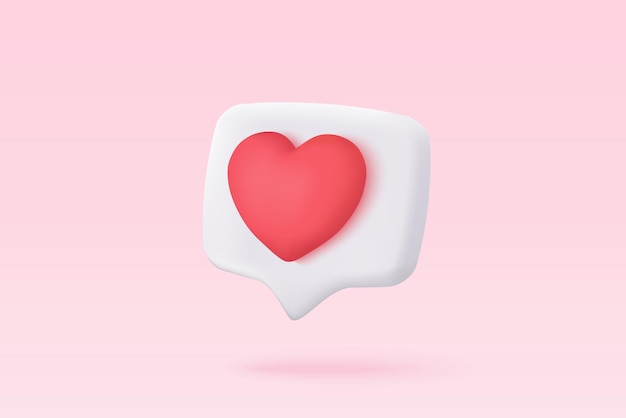 3D 소셜 미디어 온라인 플랫폼 개념 응용 프로그램에 대한 온라인 소셜 커뮤니케이션 마음과 사랑 이모티콘 아이콘이 있는 사진 프레임과 빨간색 거품 아이콘에서 재생 3d 심장 벡터 렌더링 개념