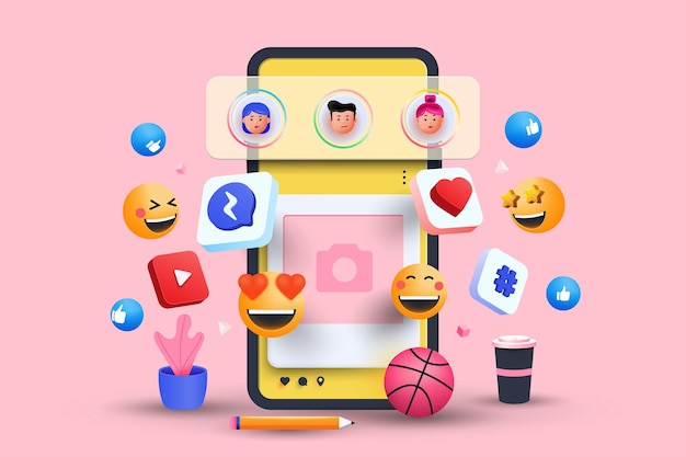 Vector 3d social media platform online social communication applications concept emoji hearts chat and chart with smartphone background 3d vector illustration