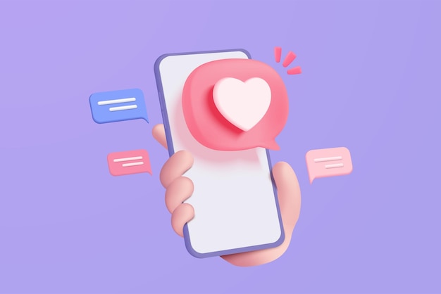 3D sociale media online platformconcept online sociale communicatie over toepassingen Mobiele telefoon met hart en liefdeemoji-pictogram zoals en spelen in rode bel 3D-pictogrammen 3D-vector renderconcept