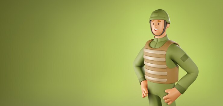 Vector 3d soldier vector banner cartoon male character of military man in body armor on green background