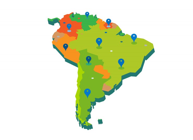 Vector 3d south america continent map with gps pins isolated on white background