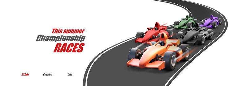 Vector 3d sports cars racing cars in motion on the track banner for advertising rally sports competitions
