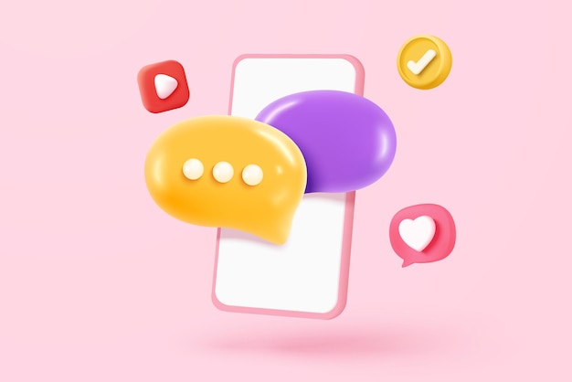 3D spraak bubbels op mobiele telefoon met waarschuwingsmelding Commentaar 3D of gebruiker antwoord teken herinnering chat bericht duwen op sociale media 3D speech icoon vector met schaduw render illustratie