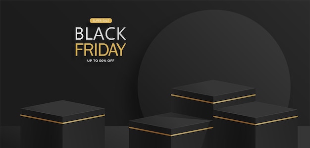 Palco podio quadrato 3d per poster di vendita del black friday con carta nera tagliata e stile artigianale su sfondo colorato per banner, poster o sito web