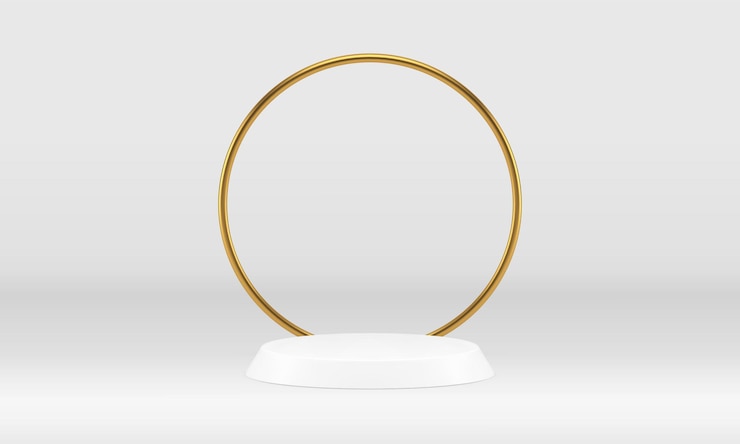 Vector 3d stage cylinder podium with golden frame studio background for retail merchandise realistic vector