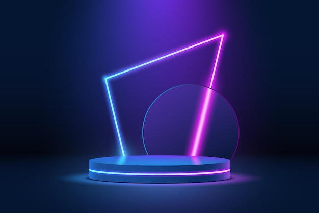 3D stage podium scene with neon light background. Product display, stage backdrop or presentation