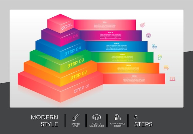 ベクトル プレゼンテーション目的のための 5 つのステップのカラフルなスタイルを持つ 3 d 階段インフォ グラフィック ベクター デザイン階段オプション インフォ グラフィックは、ビジネスやマーケティングに使用できます。