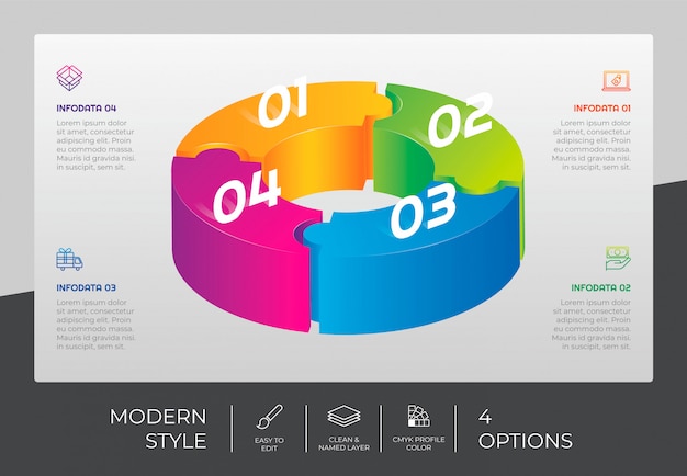 Vector 3d stap infographic ontwerp met 4 stappen & kleurrijke stijl voor presentatiedoeleinden. cirkel optie infographic
