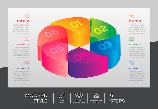 3d stap infographic ontwerp met 6 stappen & kleurrijke stijl voor presentatiedoeleinden. Cirkel optie infographic