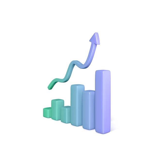 3D-statistieken grafiekbalk met stijgende pijl in realistische cartoon-stijl Grafiek van groei winst zakelijk en financieel succes Vector illustratie geïsoleerd op wit