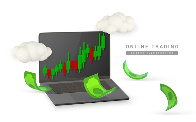 Trading online di azioni 3d con grafico di investimento del laptop e pila di soldi volante in stile cartoon illustrazione vettoriale