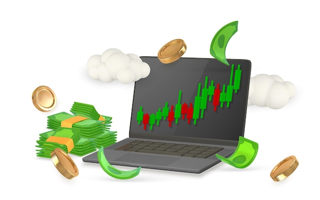 3d stock online trading with laptop investment graph and flying stack of money in cartoon style vector illustration