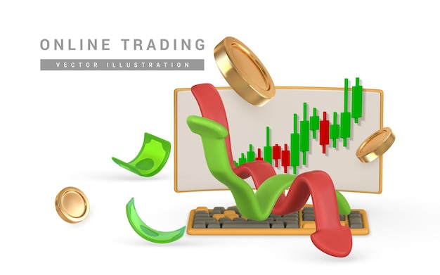 Vector 3d stock online trading with monitor and keyboard investment graph vector illustration