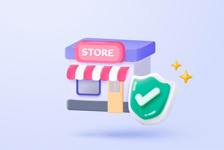 Vector 3d store icon signs for shopping and shield protection with check mark for payment safety concepts merchandise product with coupon promotion 3d quality guarantee icon vector render illustration