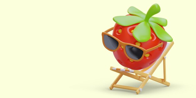 Vector 3d strawberry in sunglasses sitting in folding chair summer vacation sunbathing