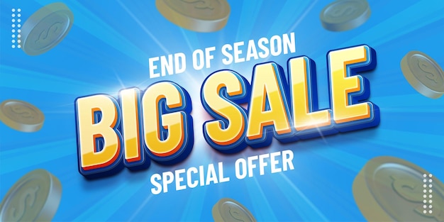 3D style editable text big sale special offer with icon coin on blue background