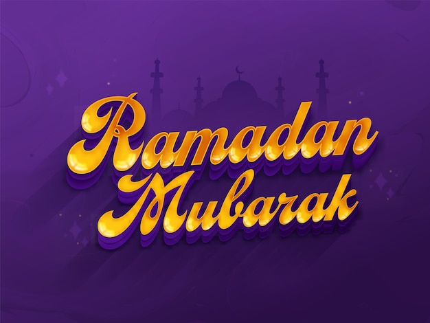 3d style golden ramadan mubarak font against purple silhouette mosque background