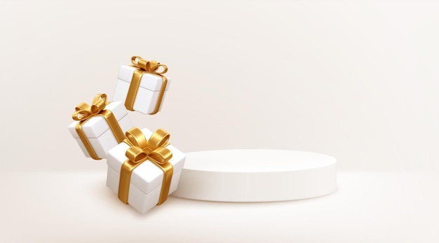 金の弓で飛んで落ちる白いギフトボックスと3Dスタイルの製品表彰台シーン。メリークリスマスと新年のお祝いのバナーデザイン、グリーティングカード。ベクターイラストEPS10