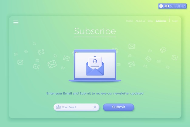 벡터 뉴스레터 및 프로모션에 가입하십시오 배너 템플릿 고객 인식에 참여하는 초대 이메일 비즈니스 마케팅 개념 3d 터 고립 일러스트레이션 만화 파스텔 미니멀 스타일