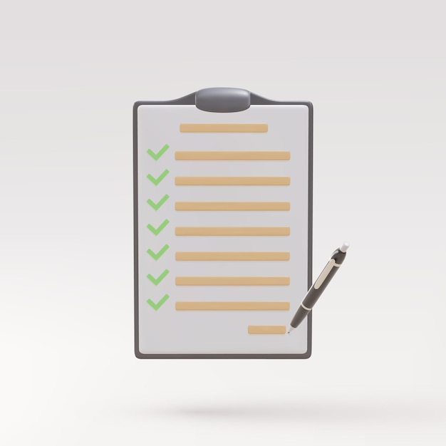 3d Successfully complete business assignments icon with a checklist on clipboard paper