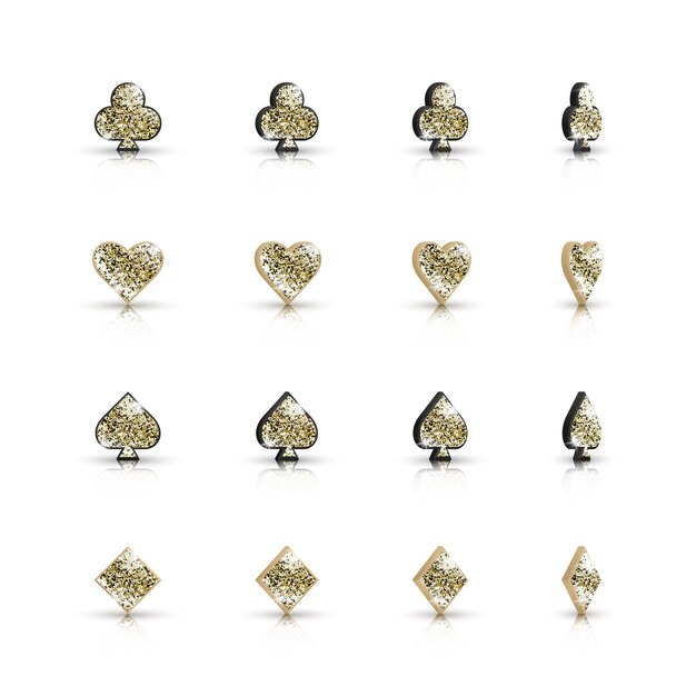 Vector 3d suits of playing cards with golden glitter isolated on white background.